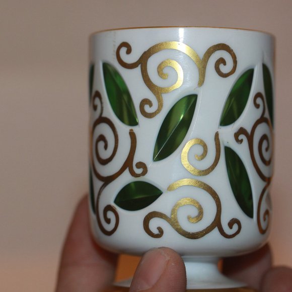 Bohemian Czech Cased White Over Green Glass Windows Gold Detail TOOTHPICK HOLDER - Picture 2 of 4